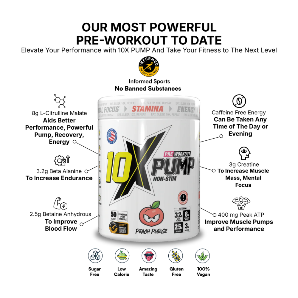 10X PUMP Stim free Pre-Workout 50 Scoops - 600g